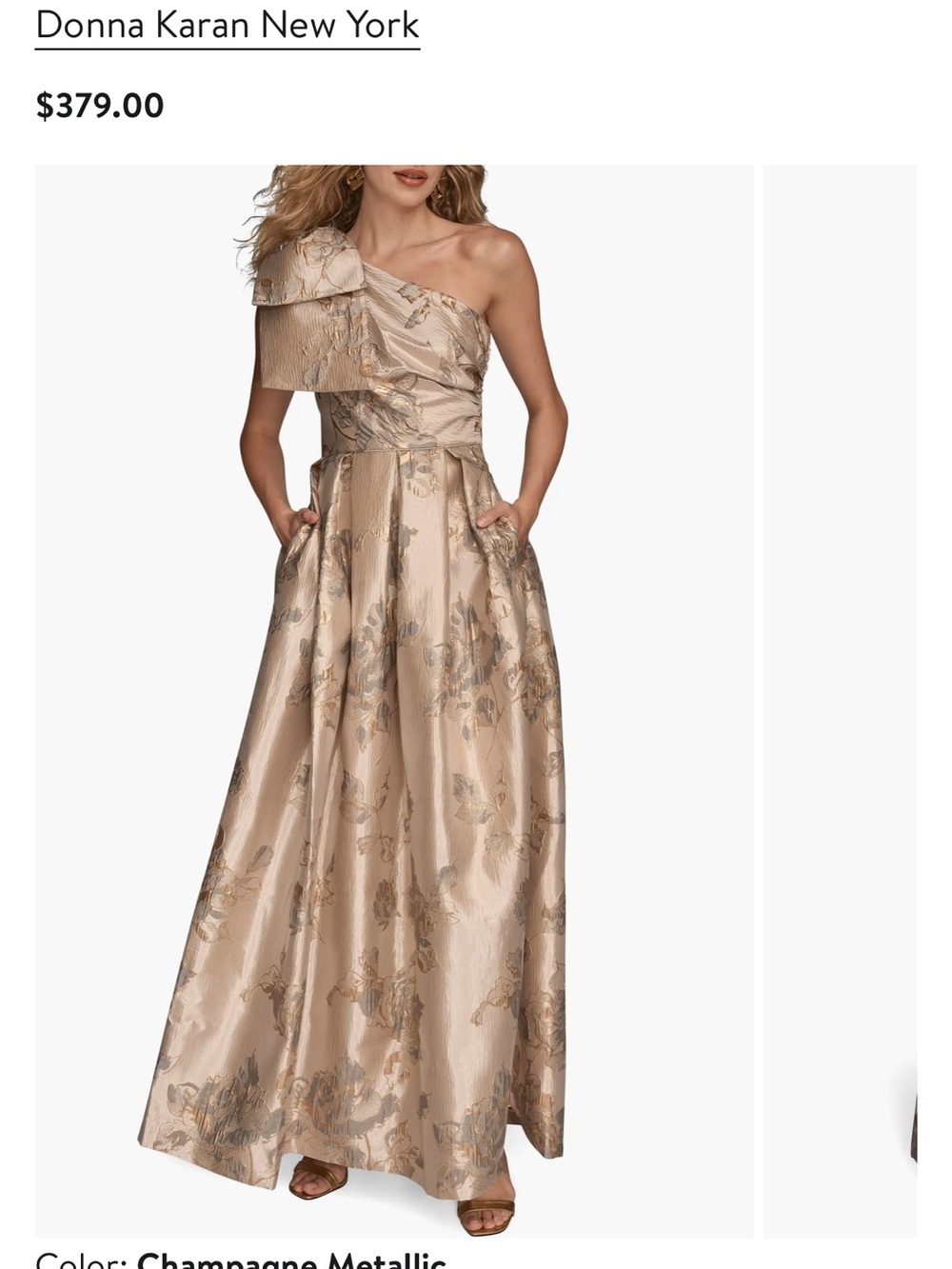 Donna Karan One-Shoulder Metallic Floral Evening Gown in Champagne
